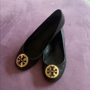 Tory Burch Black and Gold Loafers with Signature Logo